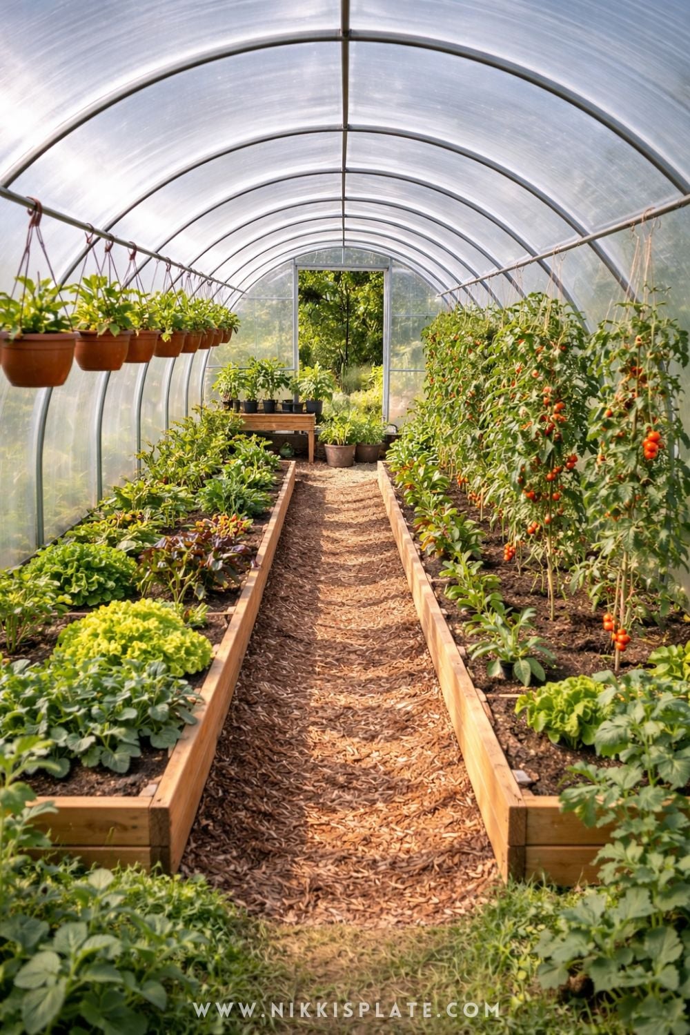 hoop house greenhouse with raised garden beds and vegetables growing inside