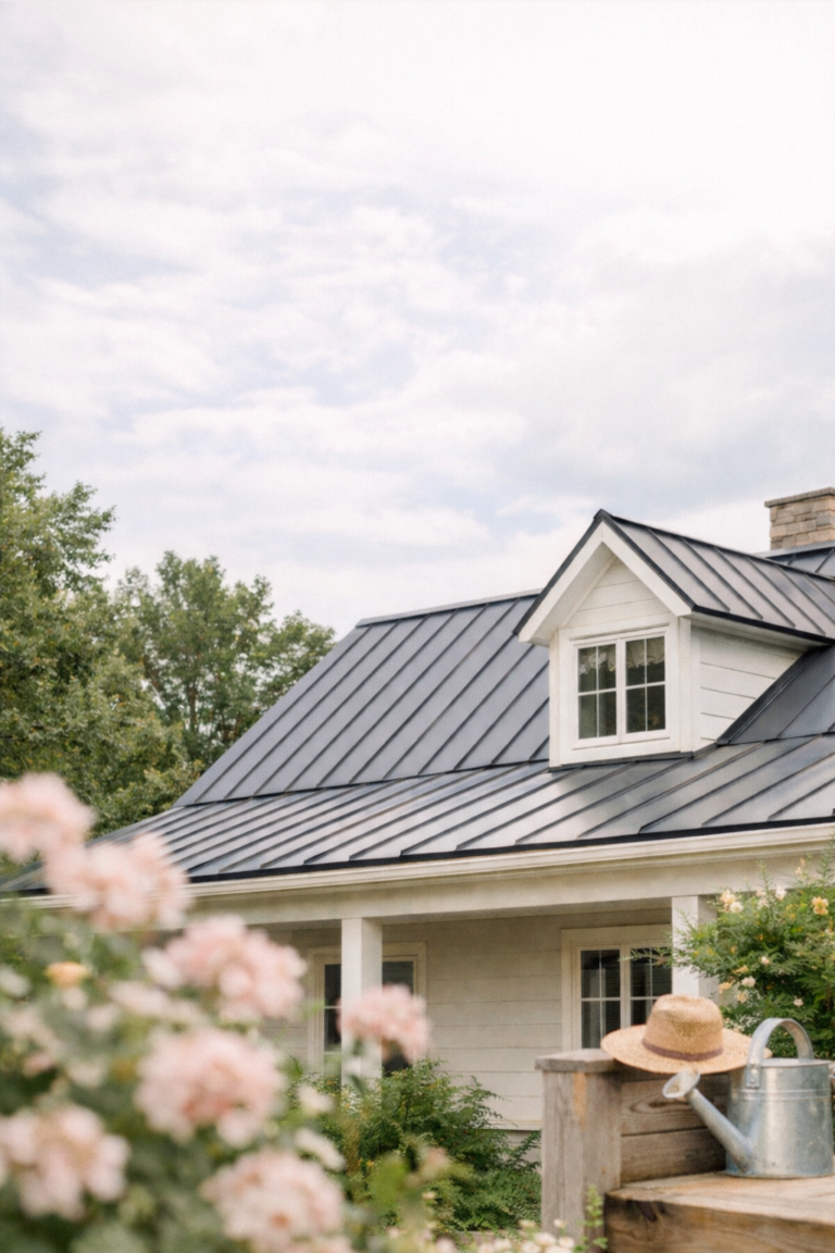 Modern farmhouse with a black metal roof surrounded by soft greenery and flowers