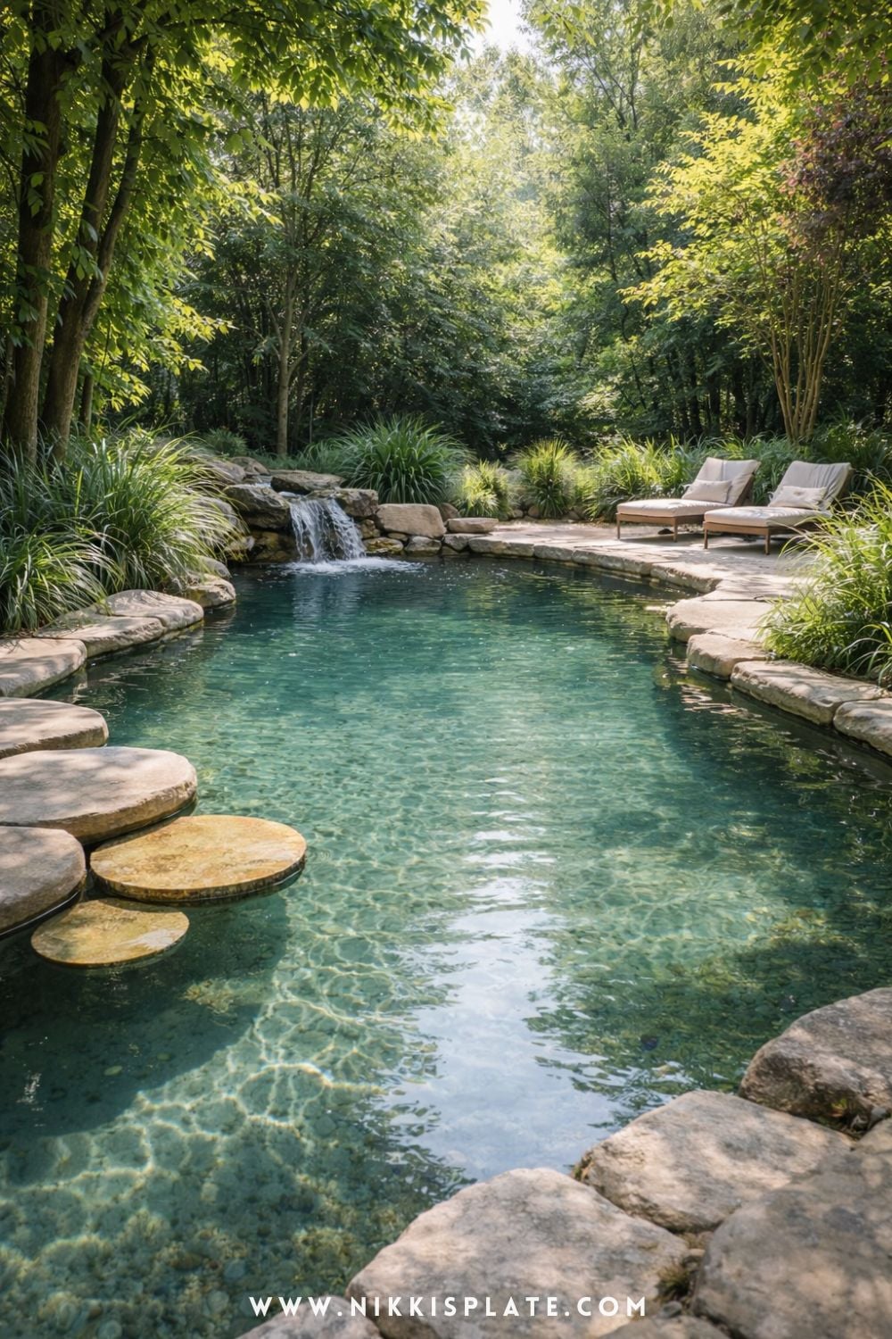 modern natural pool design with clear water, stone edges, and surrounding greenery in a peaceful backyard setting