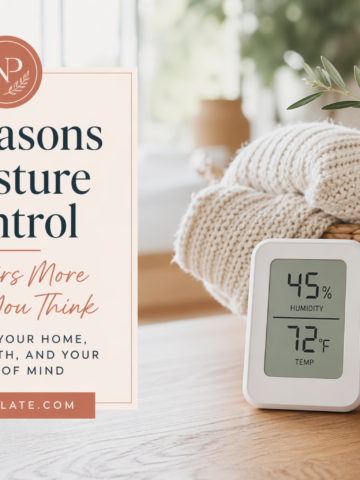 Moisture control in the home with a digital humidity monitor in a cozy, neutral living space with soft decor