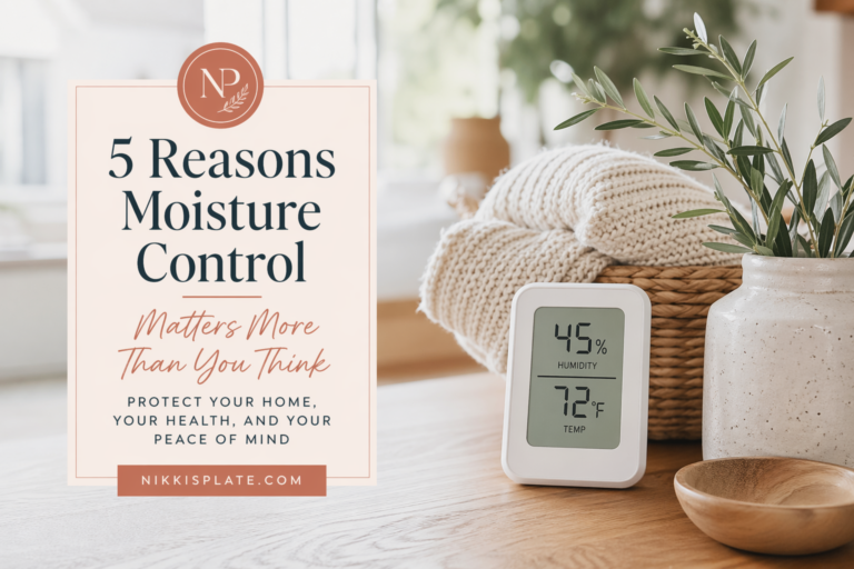 Moisture control in the home with a digital humidity monitor in a cozy, neutral living space with soft decor