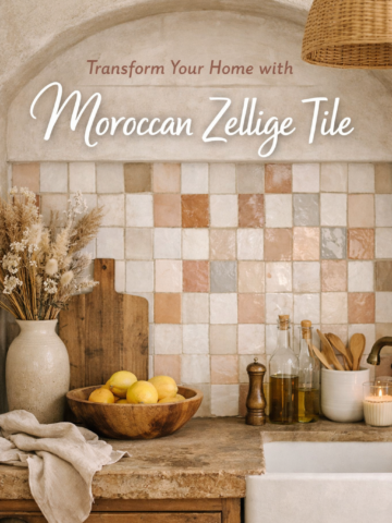 Moroccan Zellige tile kitchen backsplash in soft neutral tones with rustic decor and warm lighting