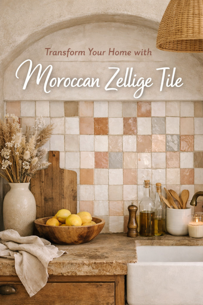 Moroccan Zellige tile kitchen backsplash in soft neutral tones with rustic decor and warm lighting