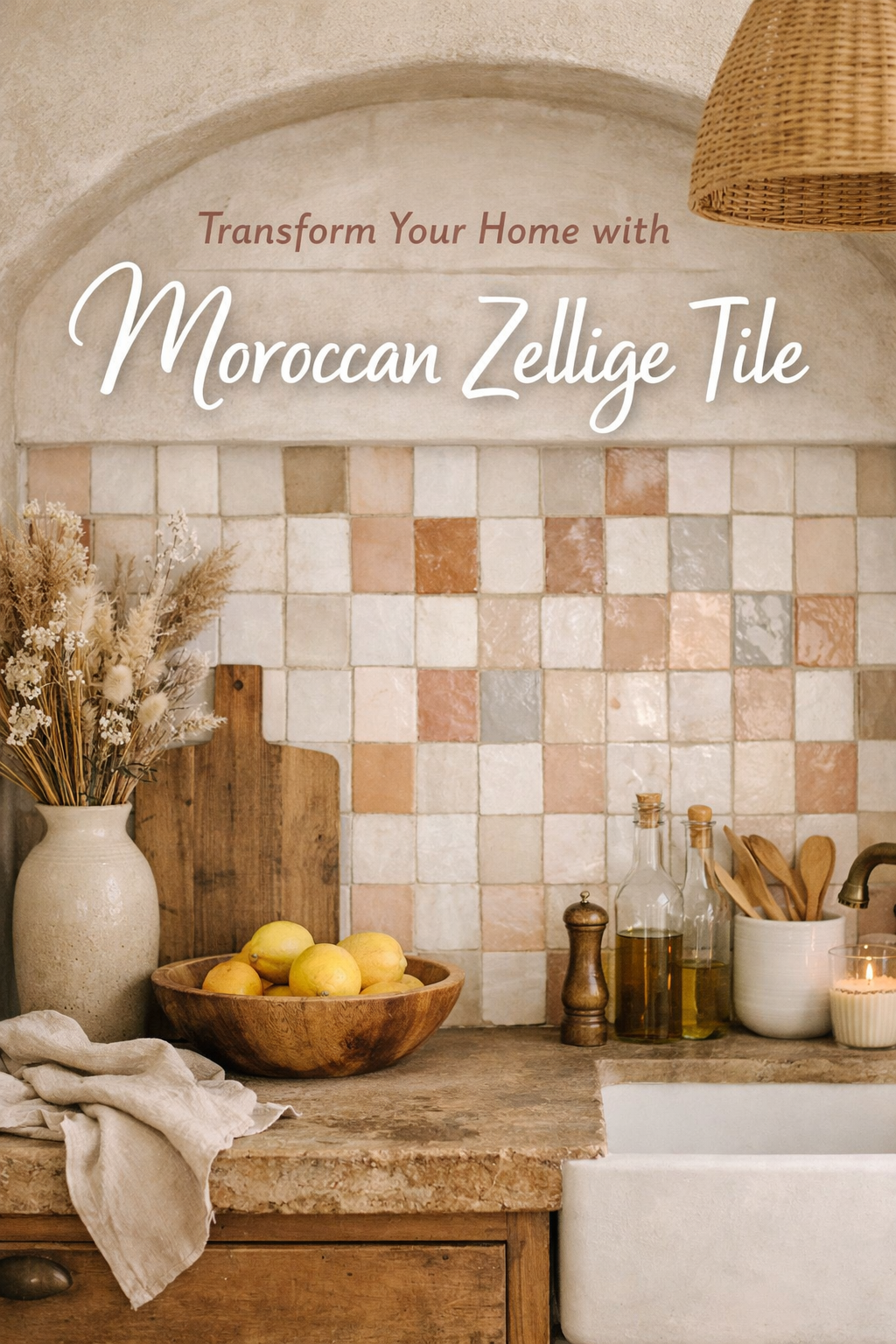 Moroccan Zellige tile kitchen backsplash in soft neutral tones with rustic decor and warm lighting