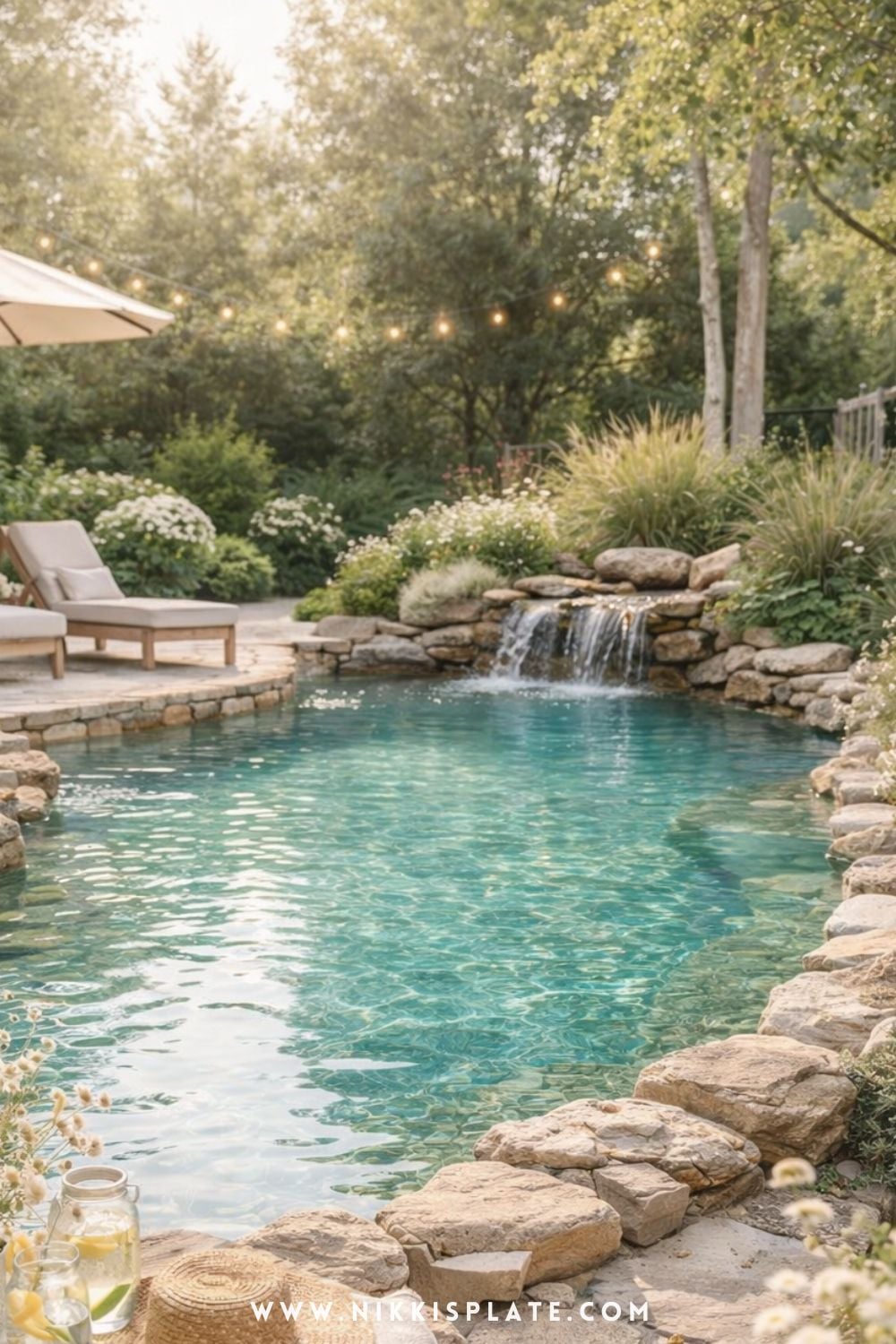 natural backyard swimming pool with stone edges, soft landscaping, and cozy seating area in a garden setting