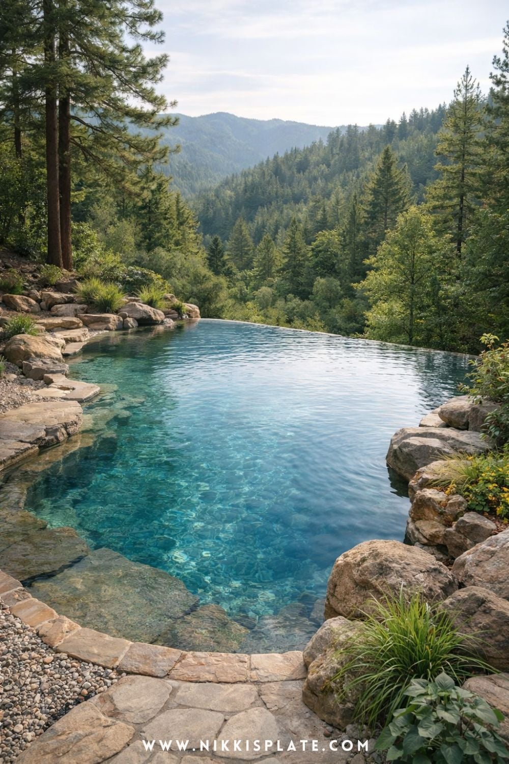 Natural infinity edge pool overlooking forested mountains with stone edging and clear water blending into the landscape