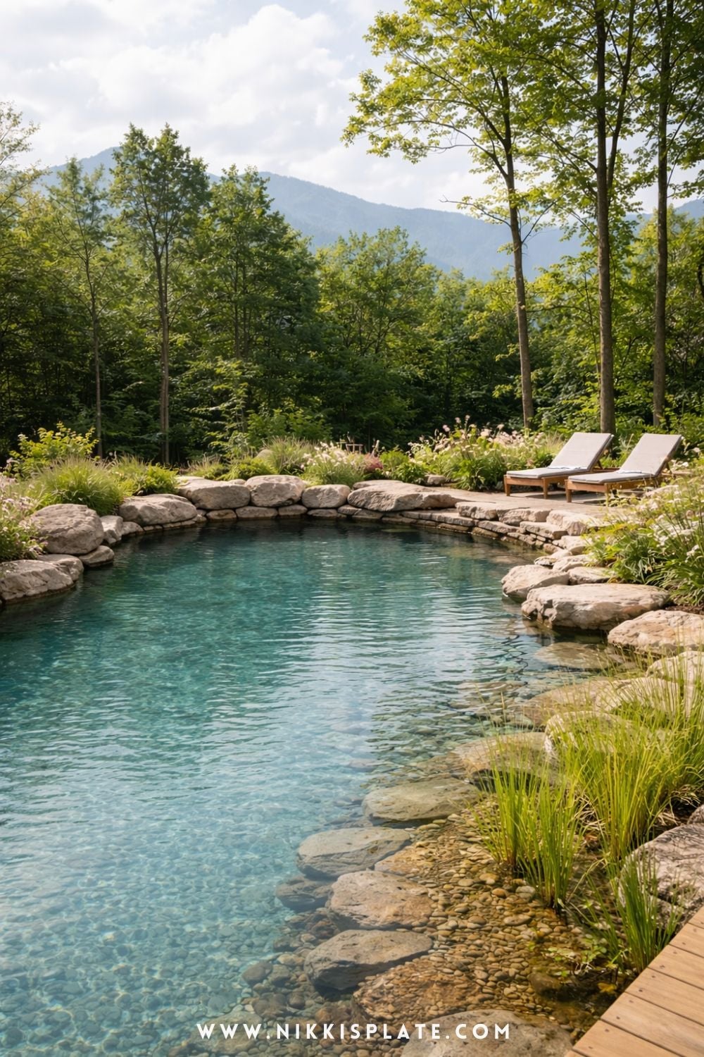natural pool with lush landscaping, clear water, and smooth pool floor in a serene backyard setting