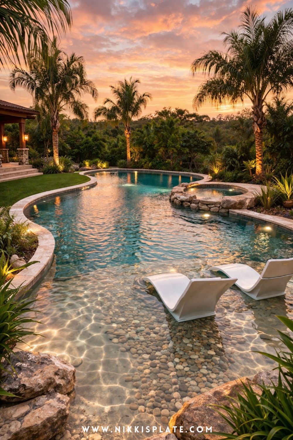 Natural swimming pool with shallow lounge area at sunset featuring pebble bottom, curved edges, and tropical landscaping