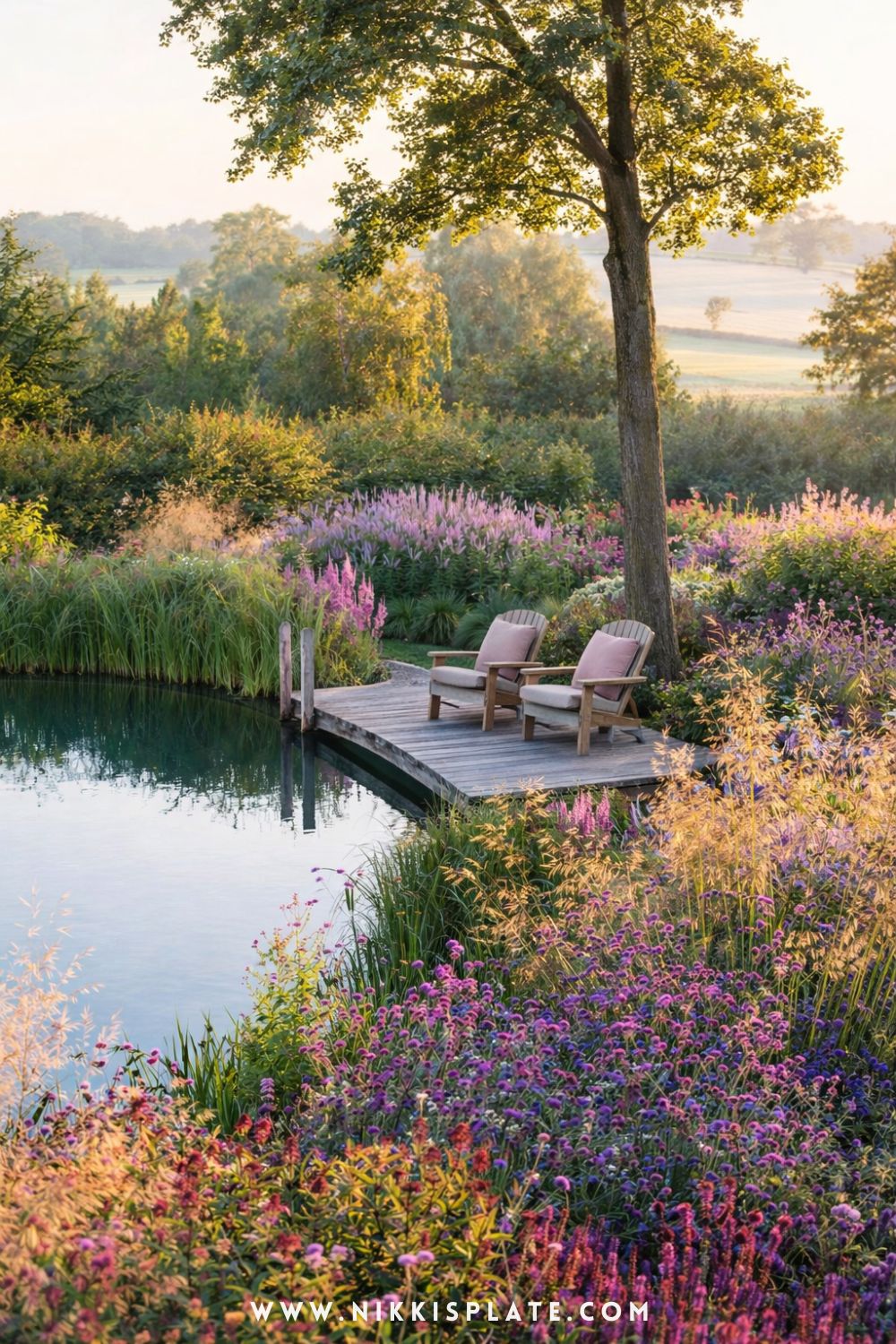 natural pool with surrounding wildflowers, wooden dock seating, and cushioned chairs under a tree