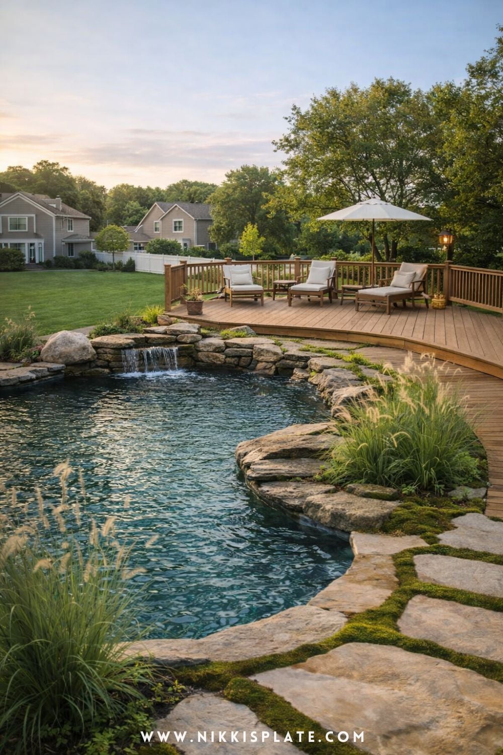 natural pool with wooden deck surround, stone edges, and cozy seating in a suburban backyard setting