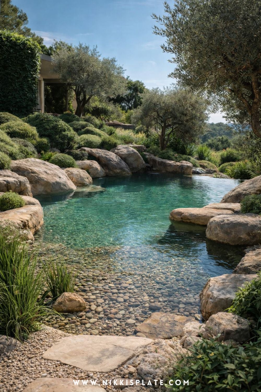 Minimal natural swimming pool with gravel filtration system, clear water, stone edges, and simple greenery in a landscaped backyard