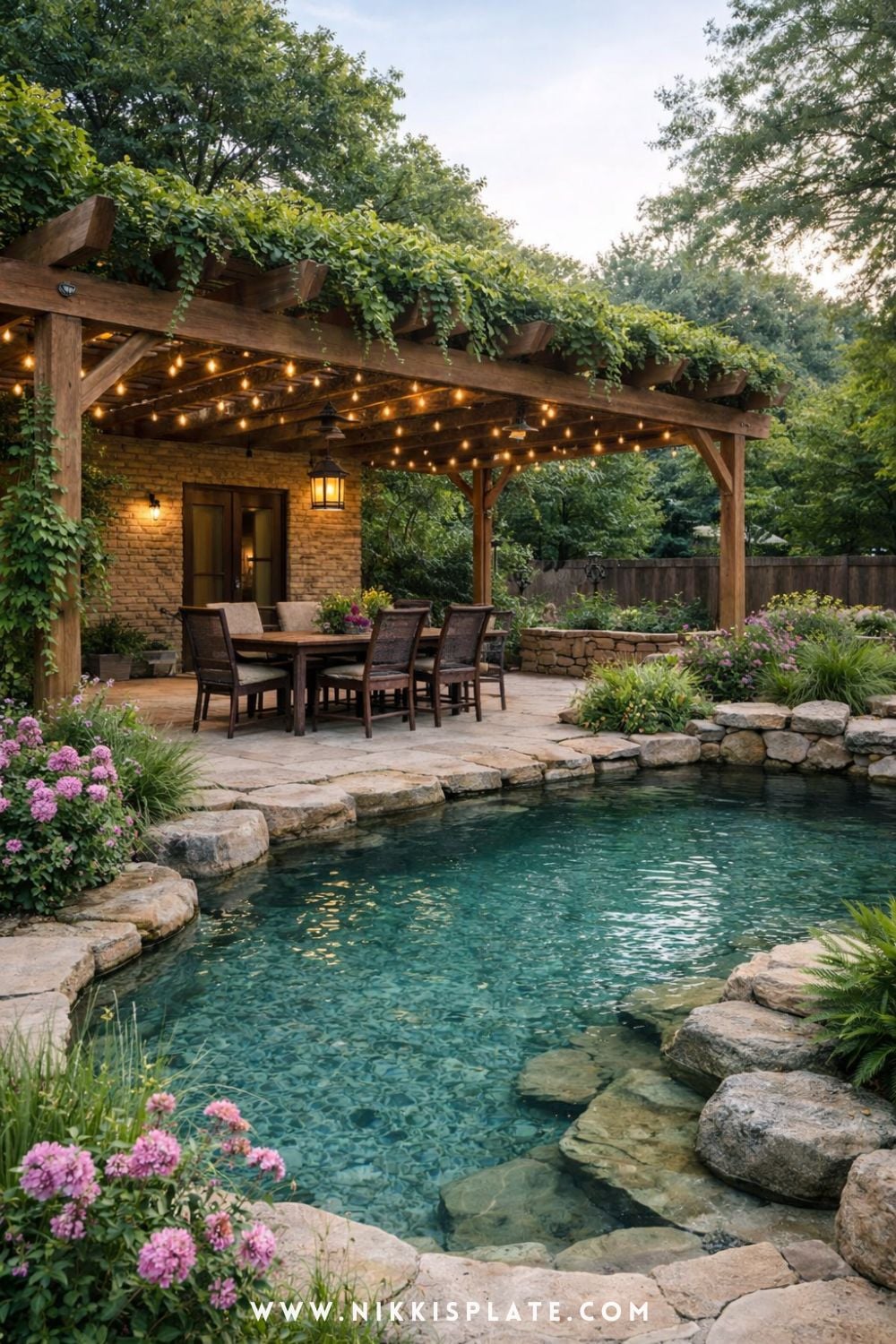 natural swimming pool with pergola seating, simple stone edges, and cozy outdoor dining area with string lights