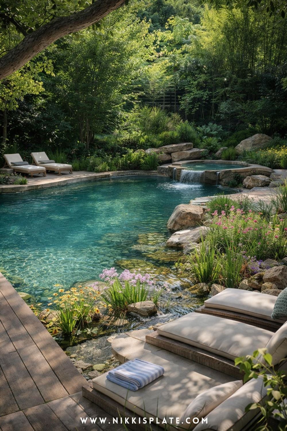 Natural swimming pool with regeneration zone plants, featuring aquatic greenery and flowers filtering clear water in a backyard oasis