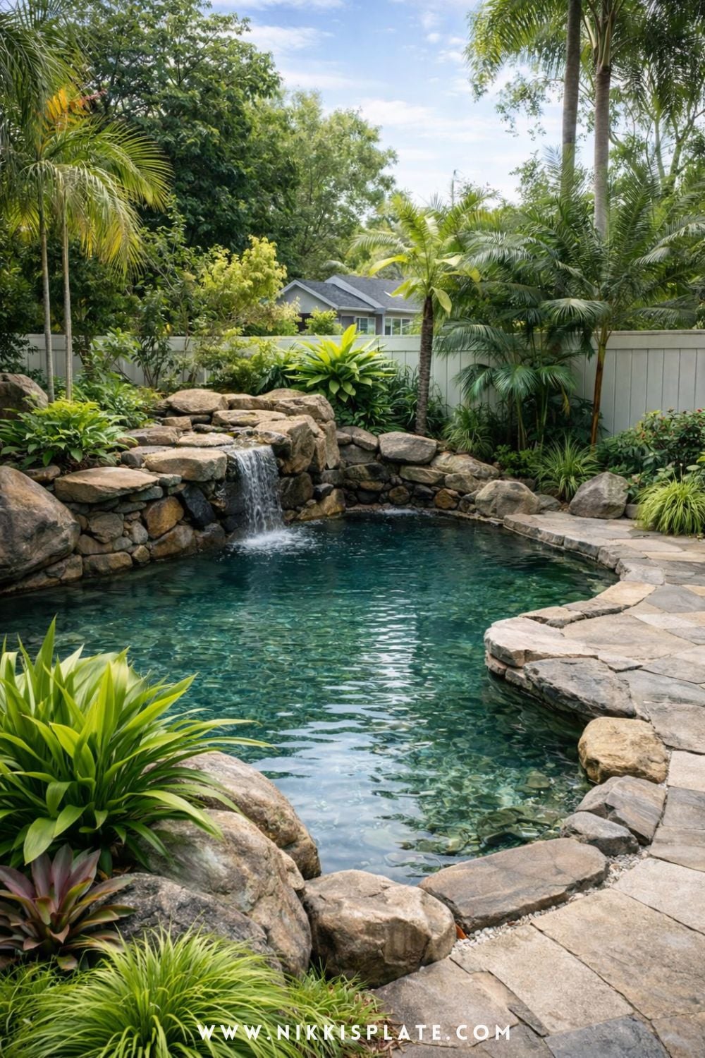 natural swimming pool with rock garden edges, clear water, and lush landscaping in a suburban backyard