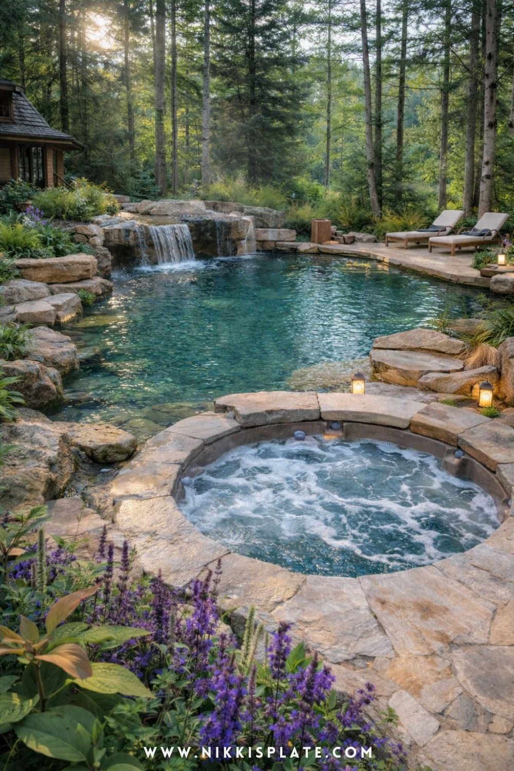 Natural swimming pool with built-in spa, stone waterfall, and relaxing backyard seating surrounded by lush greenery