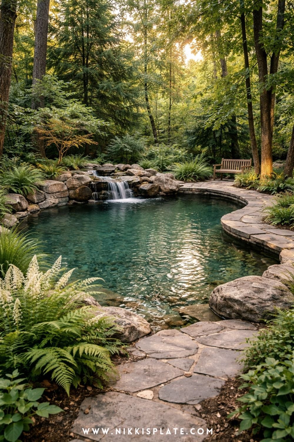 natural swimming pool with waterfall feature, stone edges, and lush greenery in a country backyard setting