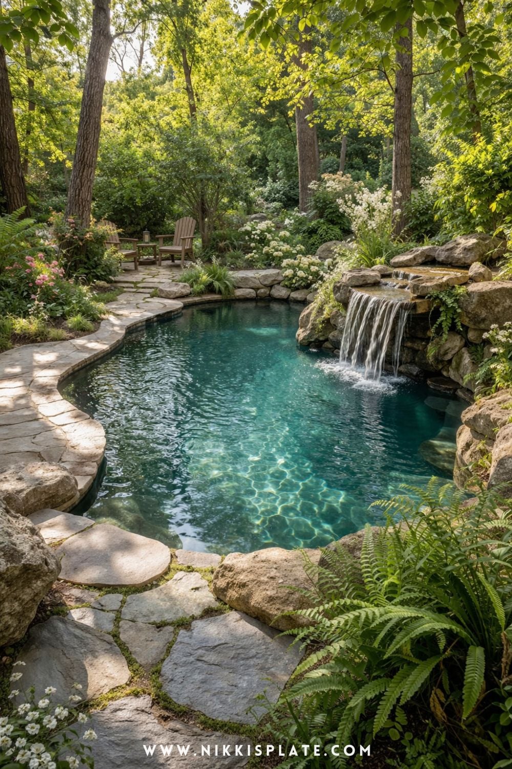 natural swimming pool with waterfall feature, stone edges, and lush greenery in a backyard setting
