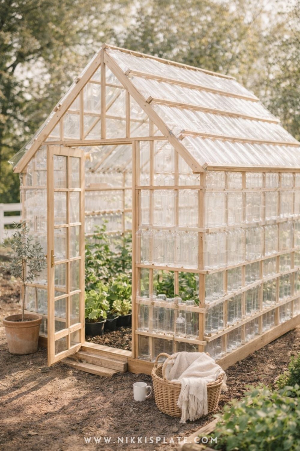 DIY plastic bottle greenhouse with wooden frame in a cozy backyard garden