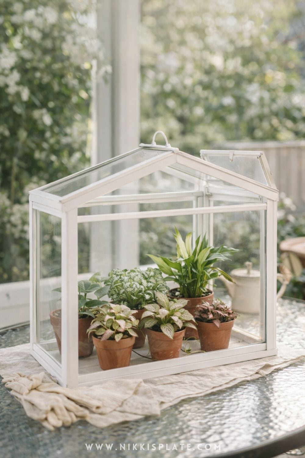 portable mini greenhouse with white frame and small potted plants on a sunlit table