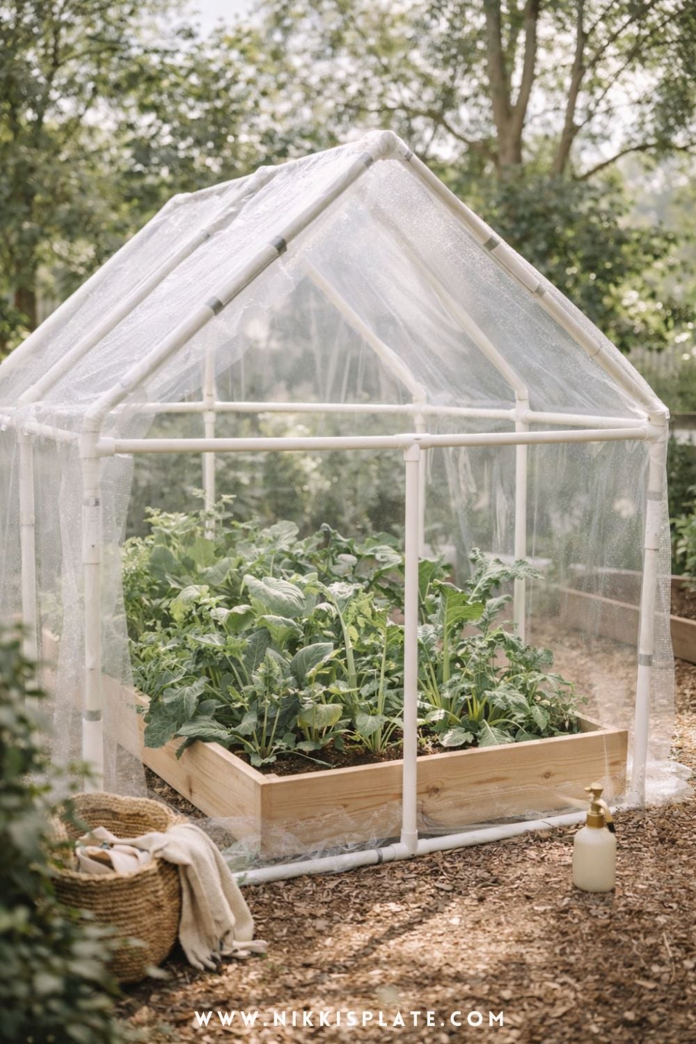 DIY PVC pipe greenhouse with clear plastic cover over a raised garden bed filled with leafy greens in a backyard