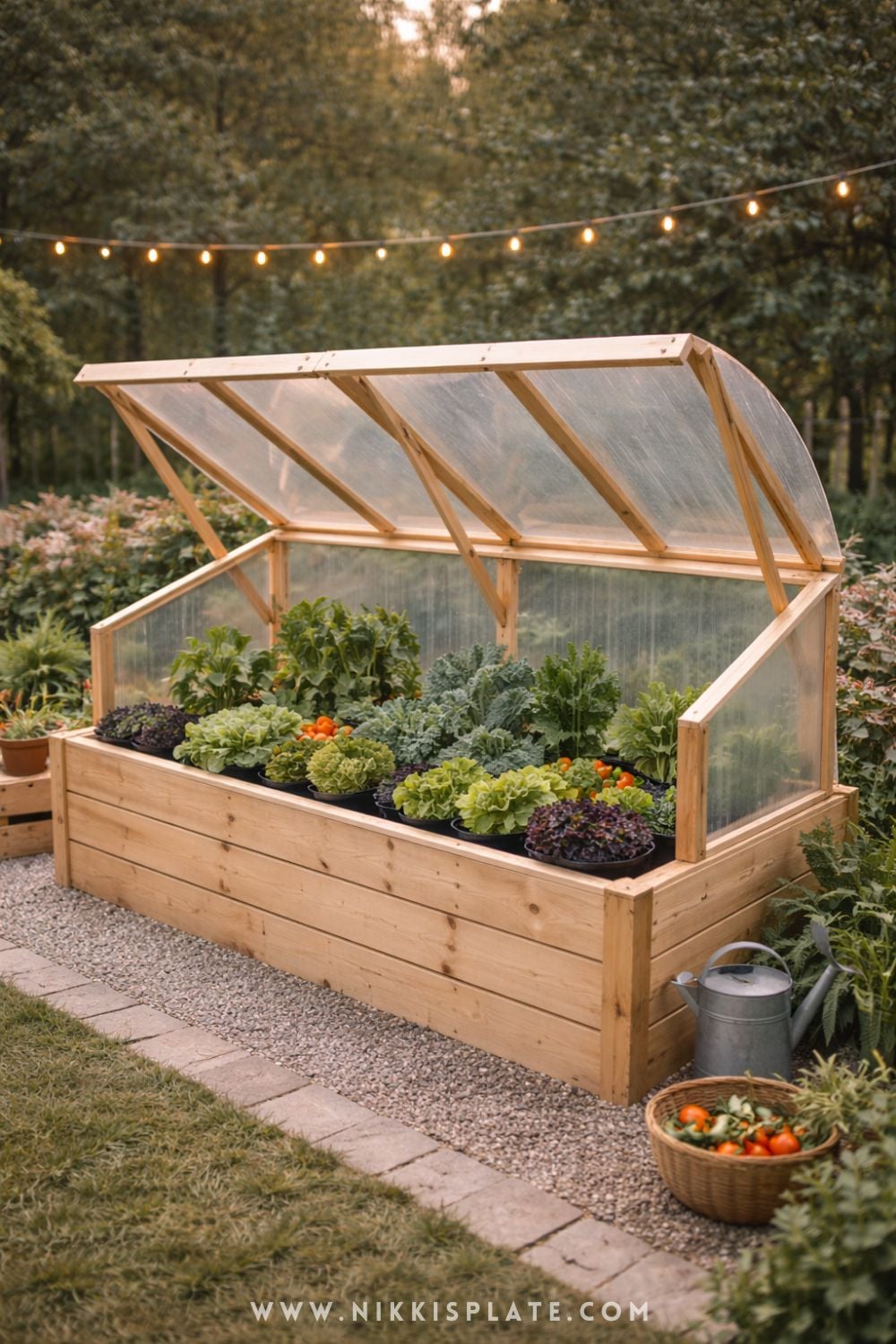 raised bed greenhouse combo with wooden frame and vegetables growing in a backyard garden