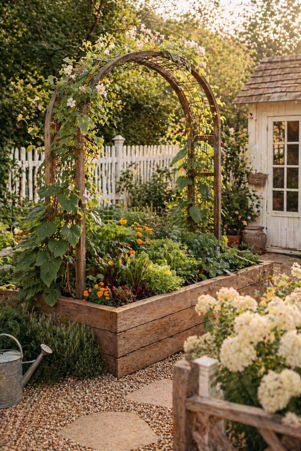 A wooden raised garden bed with an arch trellis covered in climbing vines, leafy vegetables, herbs, and flowers in a cozy cottage-style backyard garden.
