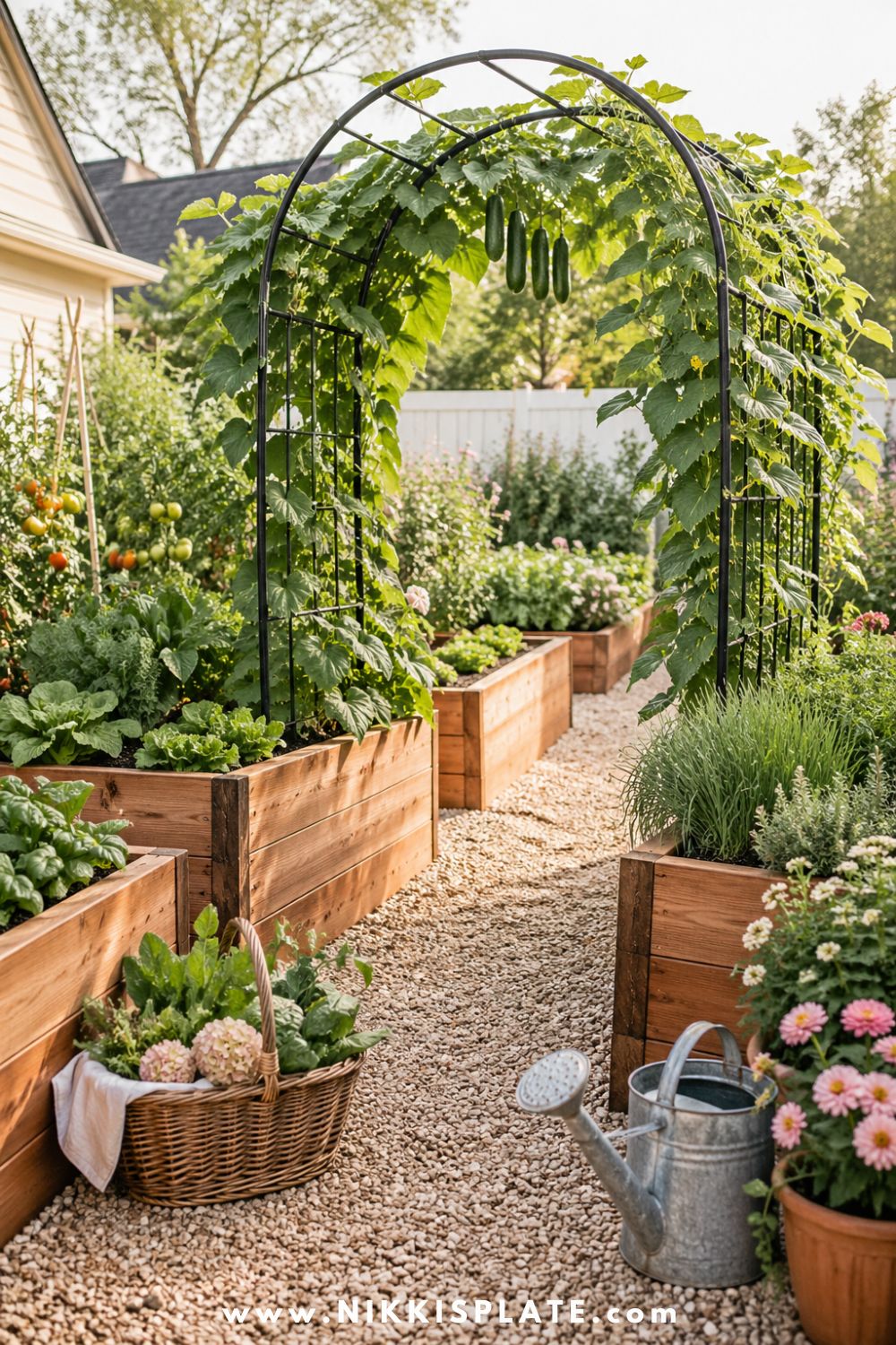 Raised garden bed with arch trellis, climbing cucumber vines, leafy vegetables, warm wood planters, gravel path, watering can, and cottage garden flowers.