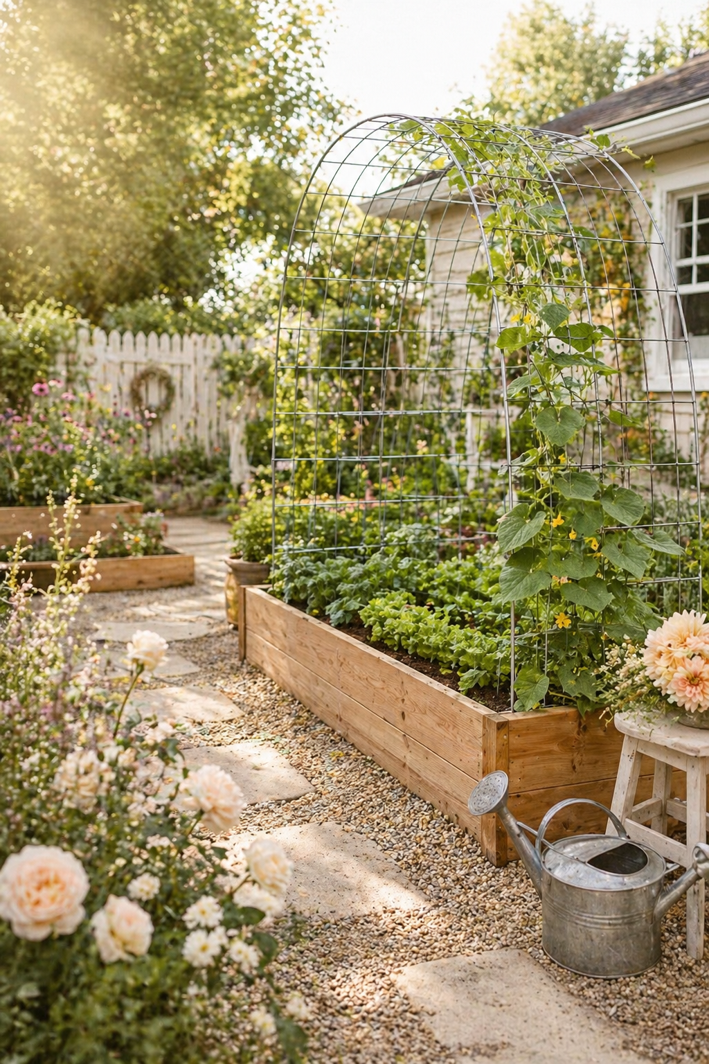 Raised garden bed with cattle panel trellis, climbing vines, leafy greens, soft flowers, gravel path, and watering can in a bright cottage-style backyard garden.