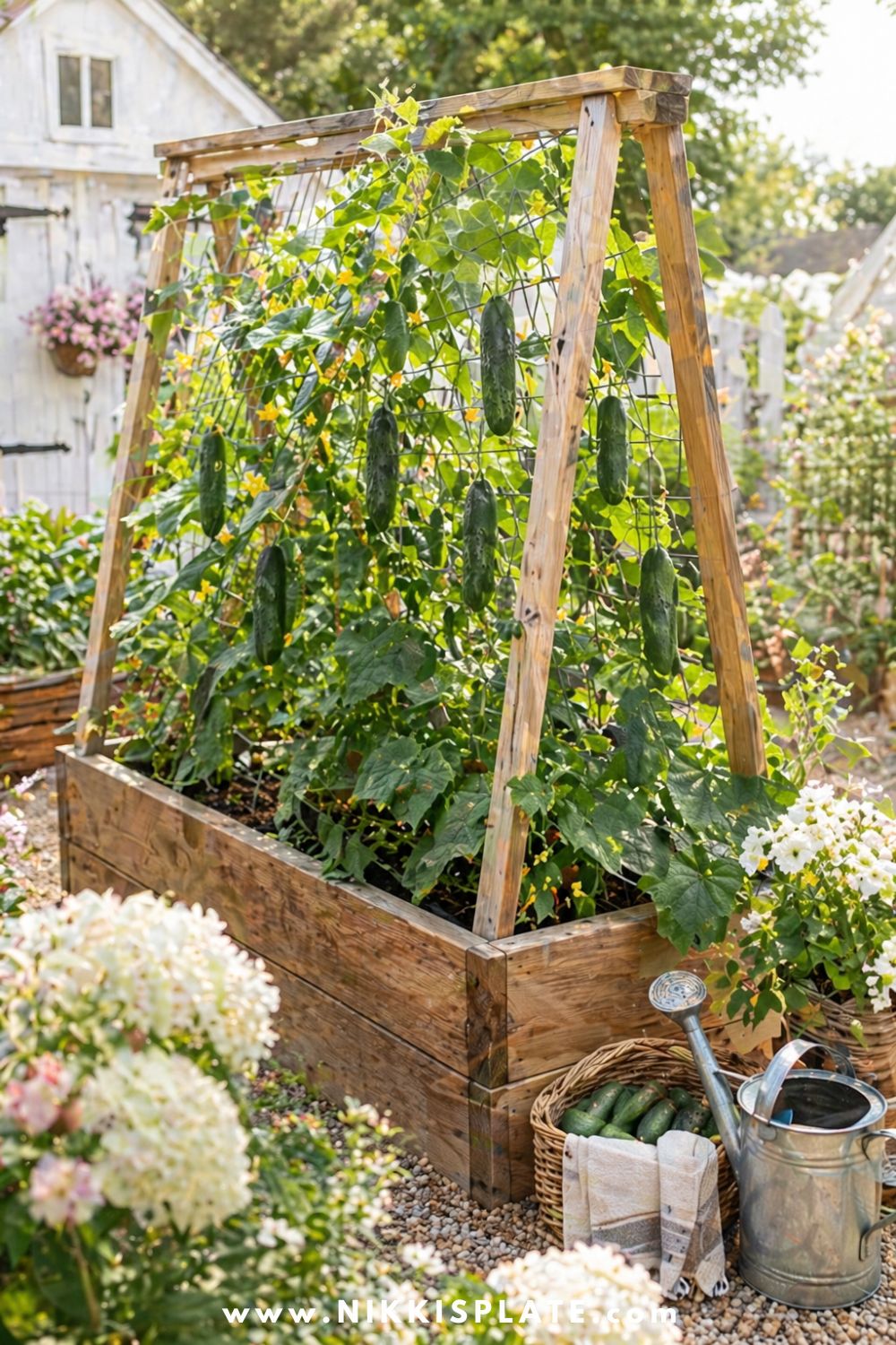 Raised garden bed with cucumber trellis, climbing cucumber vines, fresh cucumbers, warm wood planter, watering can, and soft cottage garden flowers.