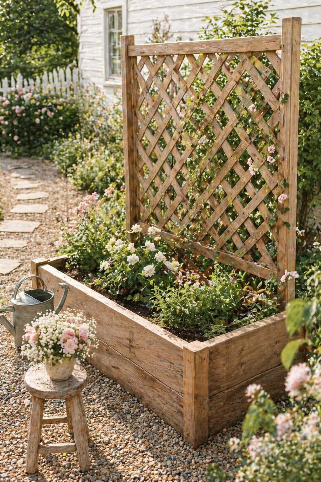 Raised garden bed with lattice trellis, climbing vines, soft flowers, gravel path, watering can, and cottage-style backyard garden details.
