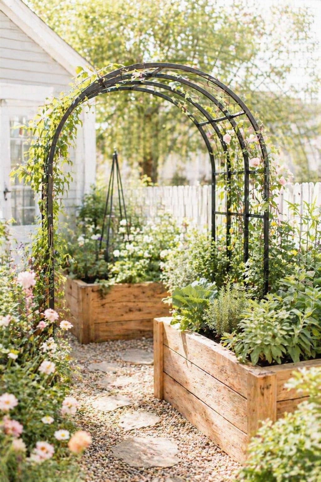 Raised garden bed with metal trellis, climbing vines, leafy herbs, warm wood planters, and a gravel garden path in a bright cottage-style backyard.