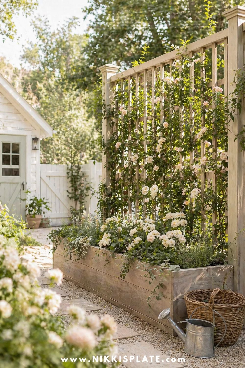 Raised garden bed with privacy trellis, climbing flowers, warm wood planter, gravel path, watering can, and soft cottage garden backyard details.