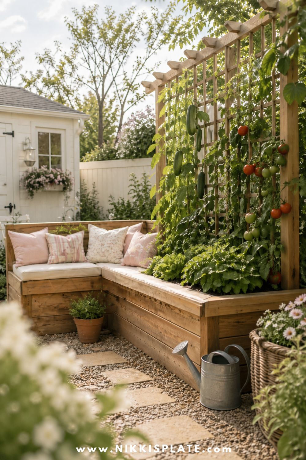 Raised garden bed with trellis and seating area, climbing vegetables, leafy greens, warm wood bench, soft pillows, gravel path, and cottage garden details.