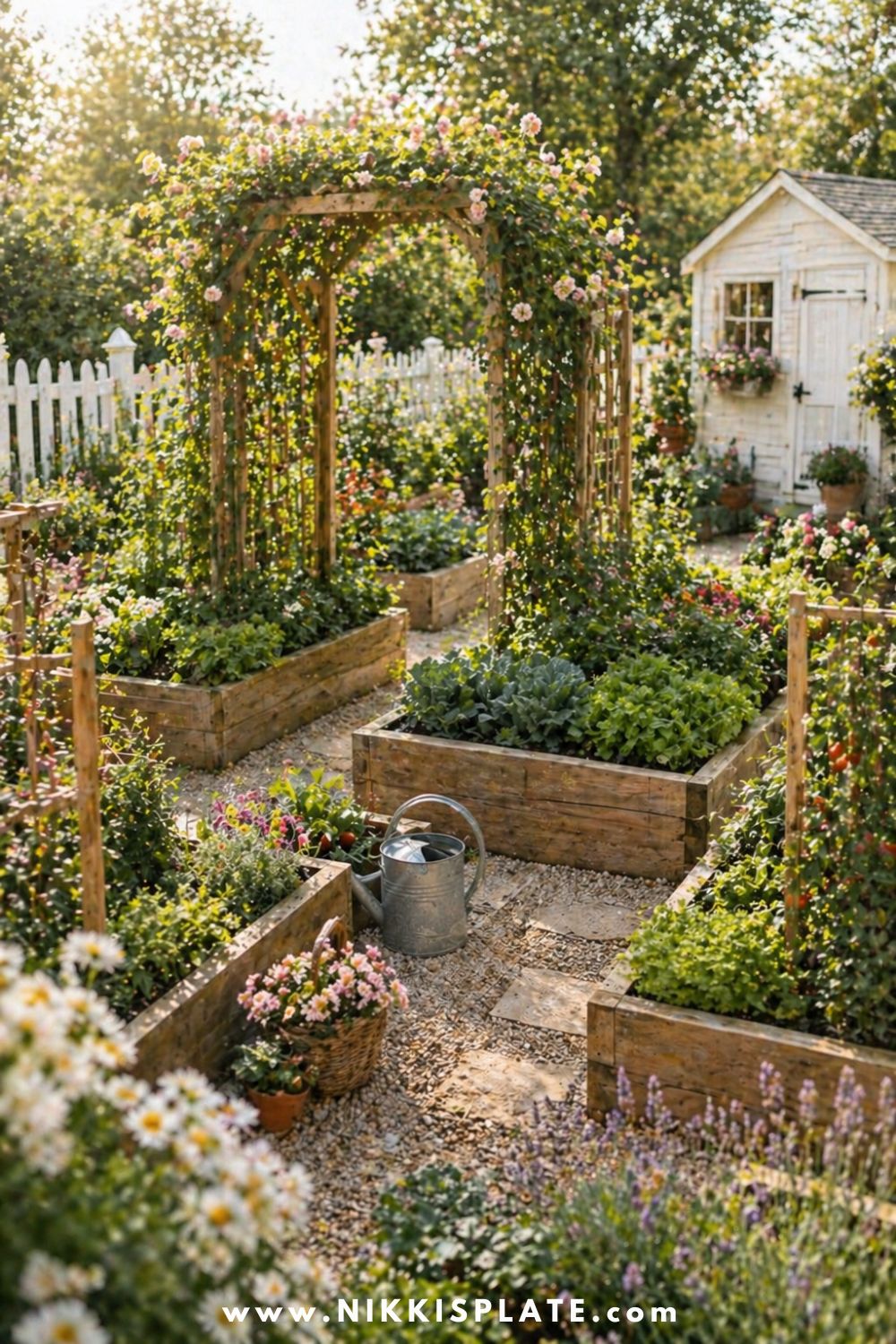 Raised garden bed with trellis, climbing vines, leafy vegetables, warm wood planter, gravel path, wicker basket, watering can, and cottage garden shed.