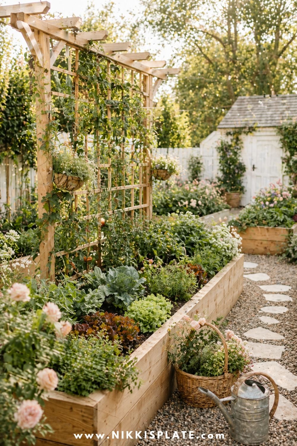 Raised garden bed with trellis, climbing vines, leafy vegetables, warm wood planter, gravel path, wicker basket, watering can, and cottage garden shed.