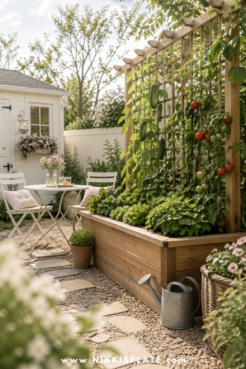 Raised garden bed with vegetable trellis, climbing cucumbers and tomatoes, leafy greens, warm wood planter, gravel path, watering can, and cozy backyard seating area.