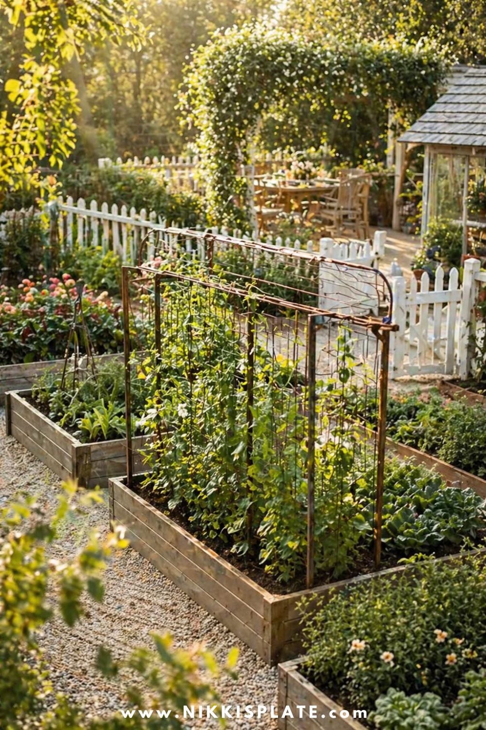 Raised garden bed with wire trellis, climbing vegetable vines, leafy greens, warm wood planters, gravel paths, white garden fence, and cozy cottage garden seating.