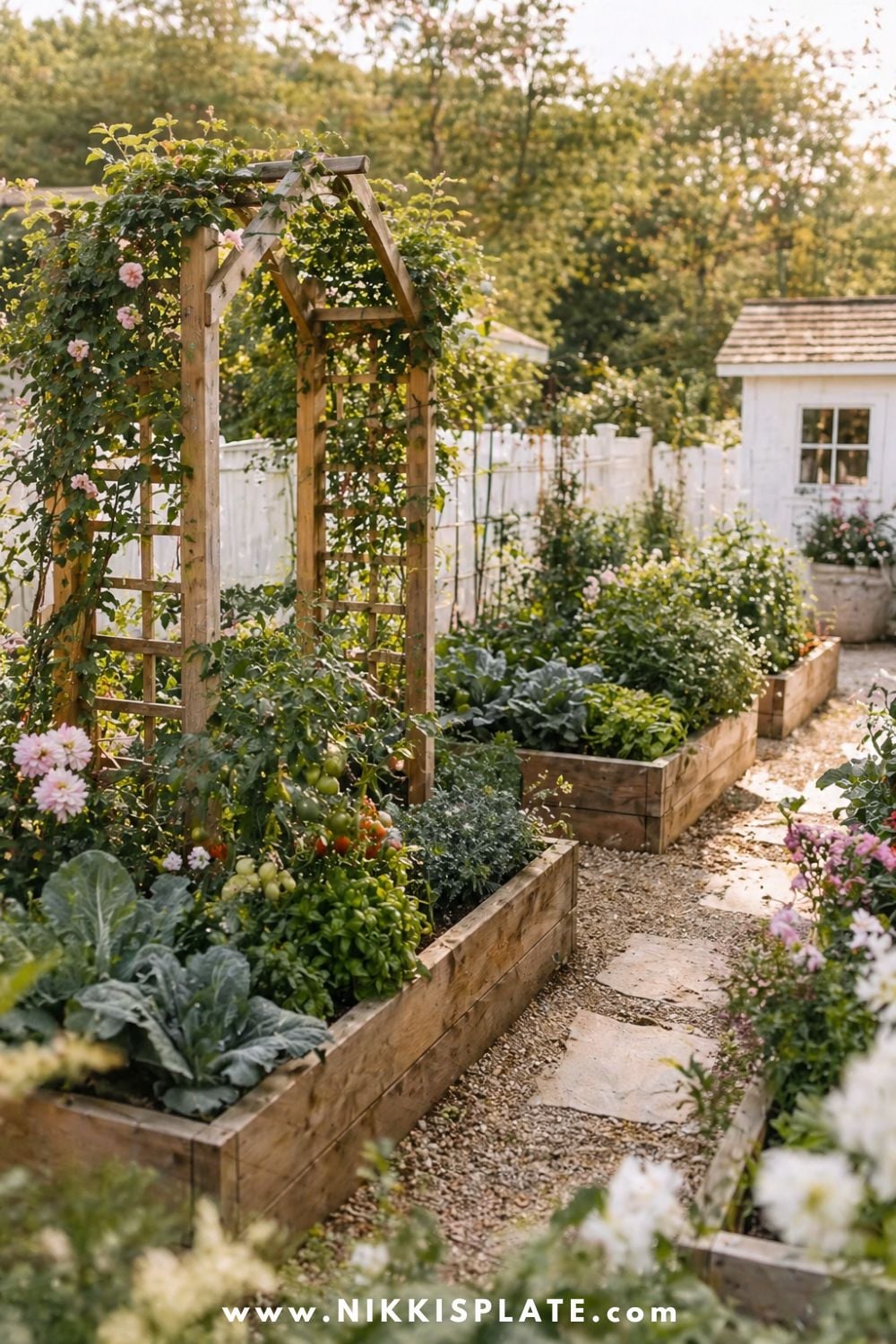 Raised garden beds with trellis, climbing vines, leafy vegetables, warm wood planters, gravel walkway, cottage garden shed, and soft flowers.
