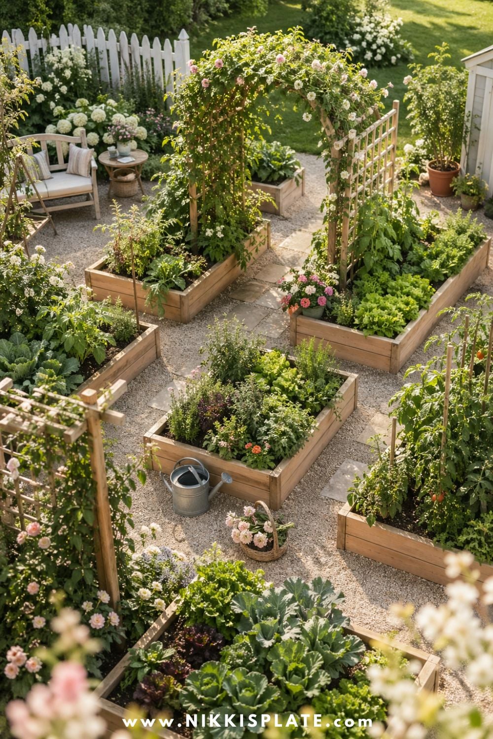 Raised garden beds with trellis layout, climbing flowers, leafy vegetables, warm wood planters, gravel paths, watering can, and cozy cottage garden seating.