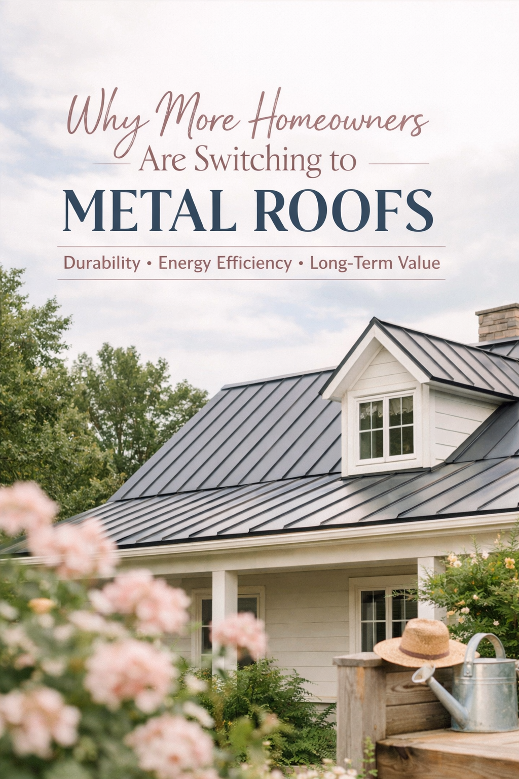 Modern farmhouse with a black metal roof surrounded by soft greenery and flowers