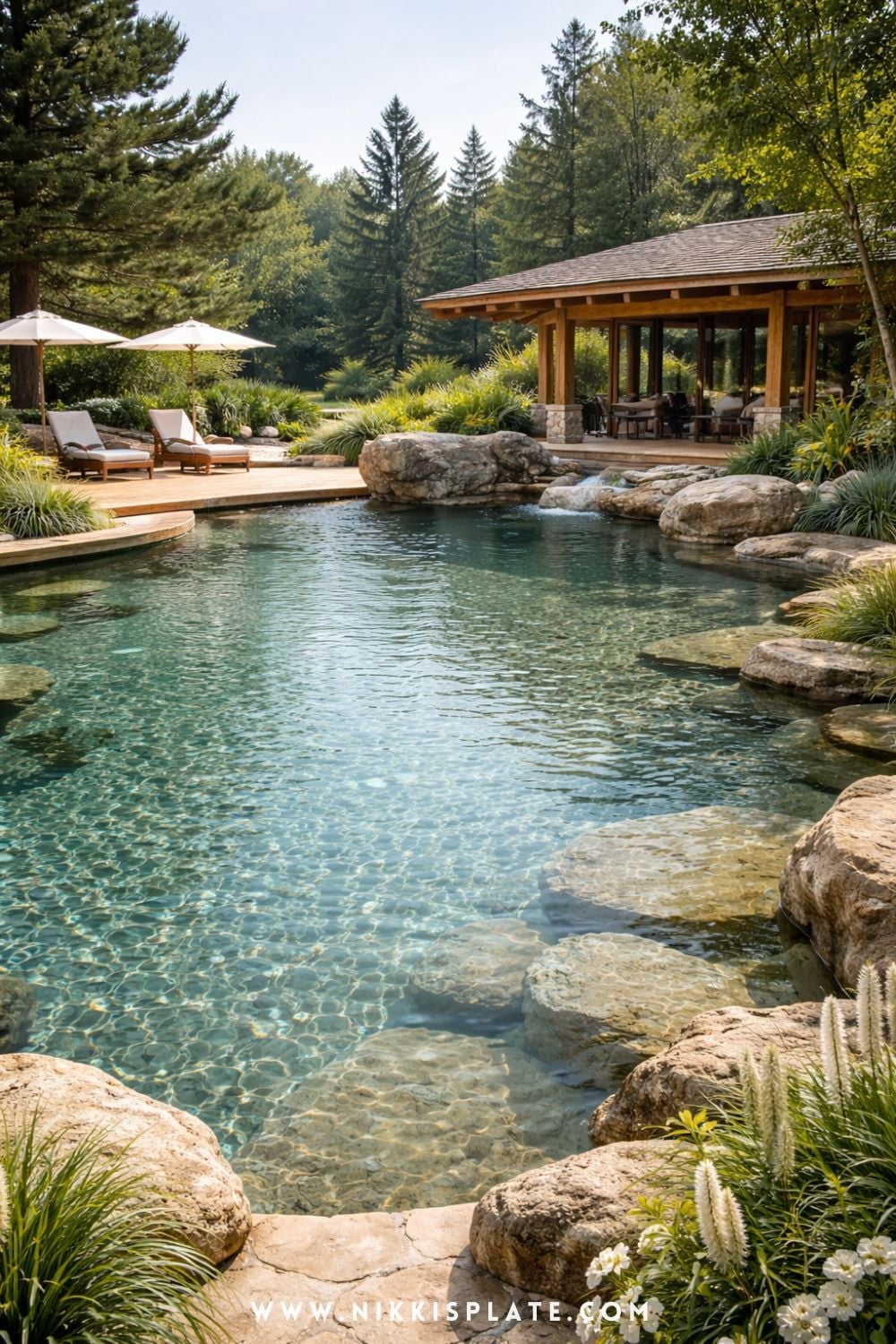 Resort-style natural swimming pool with clear water, stone edges, lounge chairs, and landscaped backyard setting