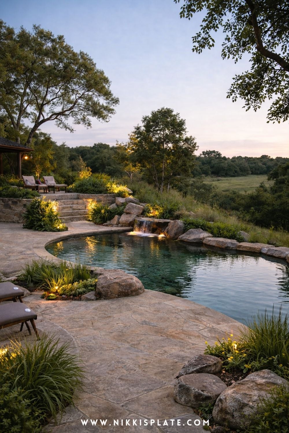 rustic backyard natural swimming pool with stone patio, soft lighting, and lush landscaping at dusk