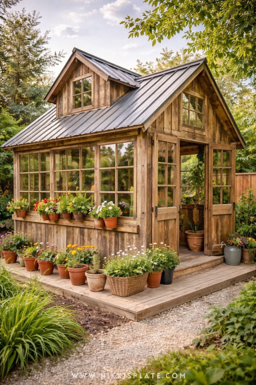 rustic cottage greenhouse with wooden frame and flowers in a cozy backyard garden