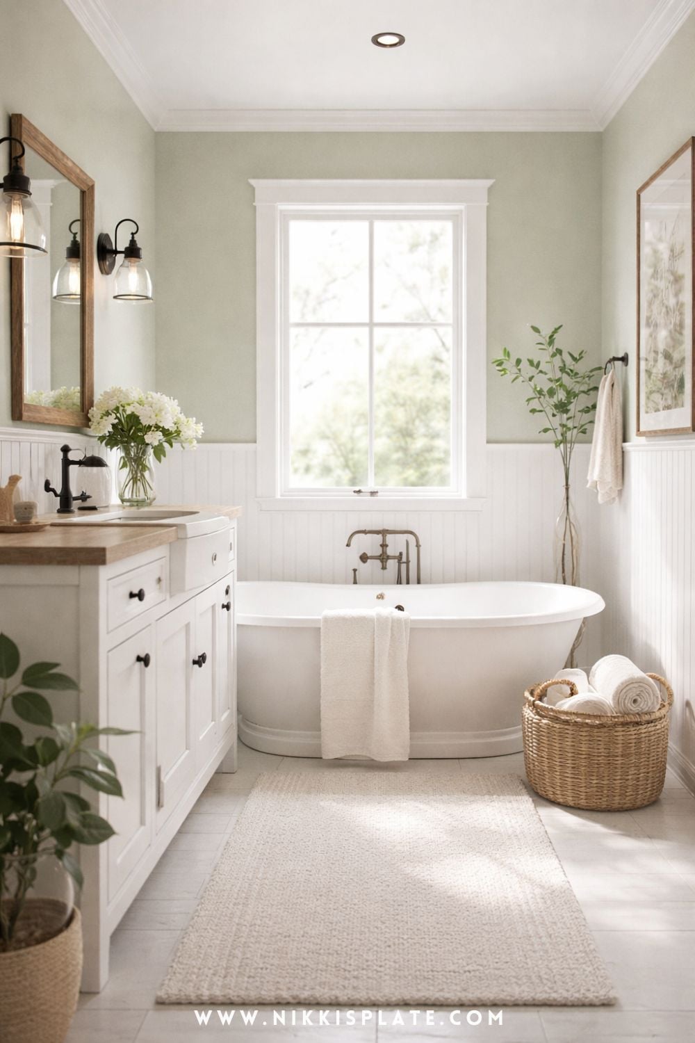 Sage green and white modern farmhouse bathroom with freestanding tub, beadboard walls, and soft natural lighting