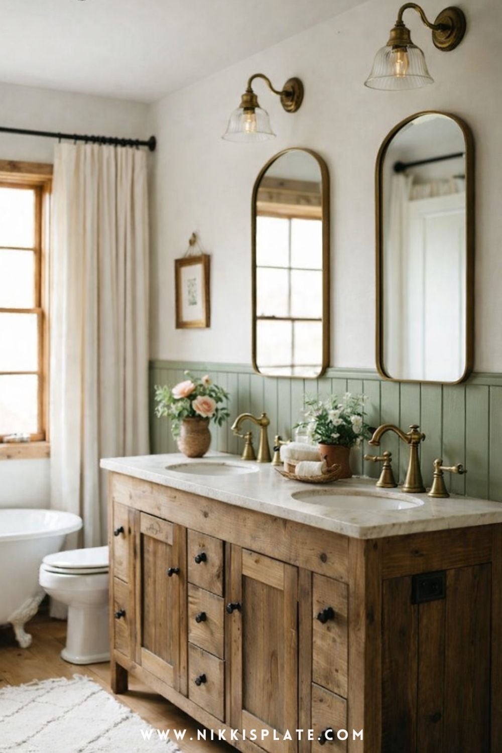 Sage green shiplap bathroom with antique brass fixtures, double wood vanity, and arched mirrors in a warm farmhouse setting