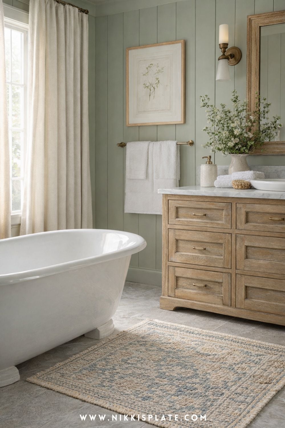 Light sage green shiplap bathroom with rustic wood vanity, freestanding tub, and patterned rug in a bright farmhouse space