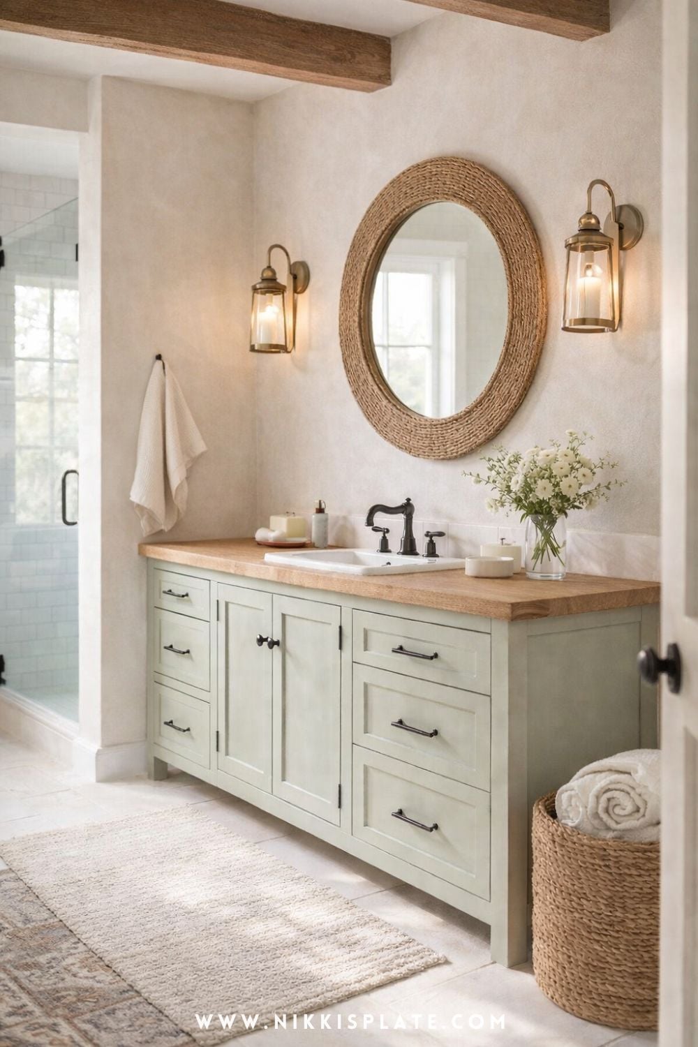 Sage green vanity with wood countertop and woven mirror in a modern farmhouse bathroom with soft neutral decor