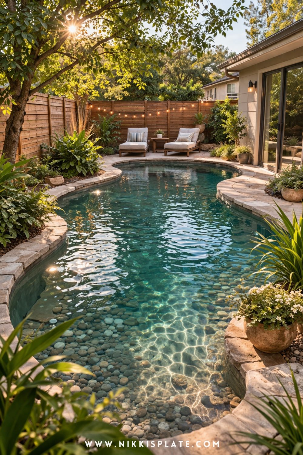 Natural swimming pool in a small backyard featuring clear water, lush plants, and a simple outdoor lounge space