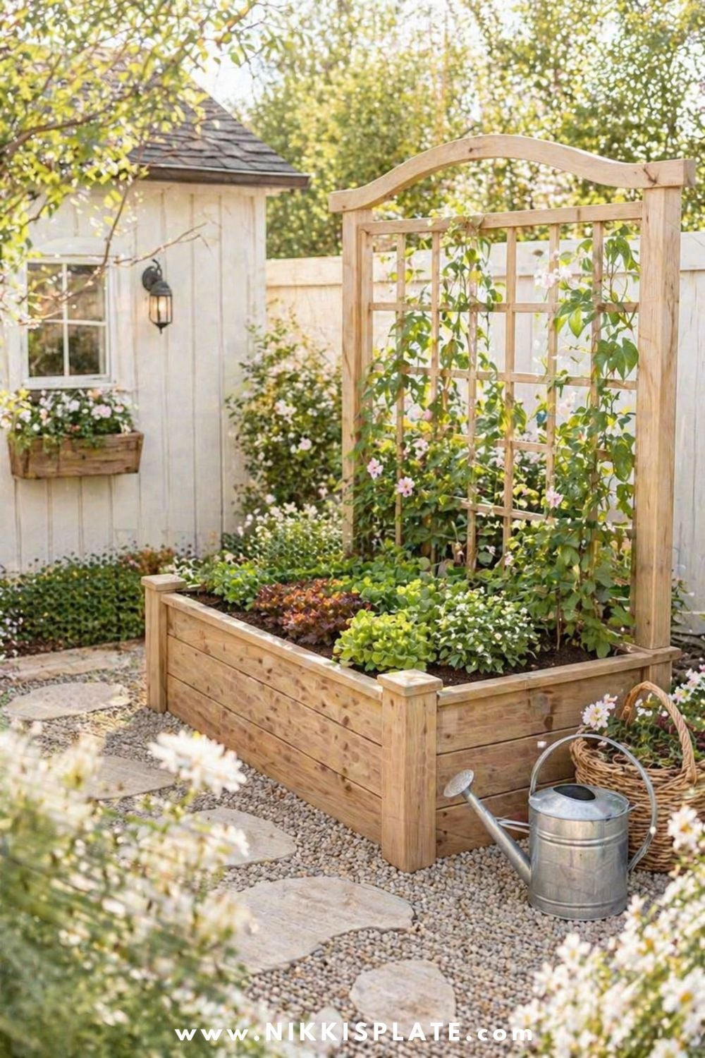 Small backyard raised garden bed with trellis, climbing vines, leafy greens, warm wood planter, gravel path, watering can, and cottage garden shed.