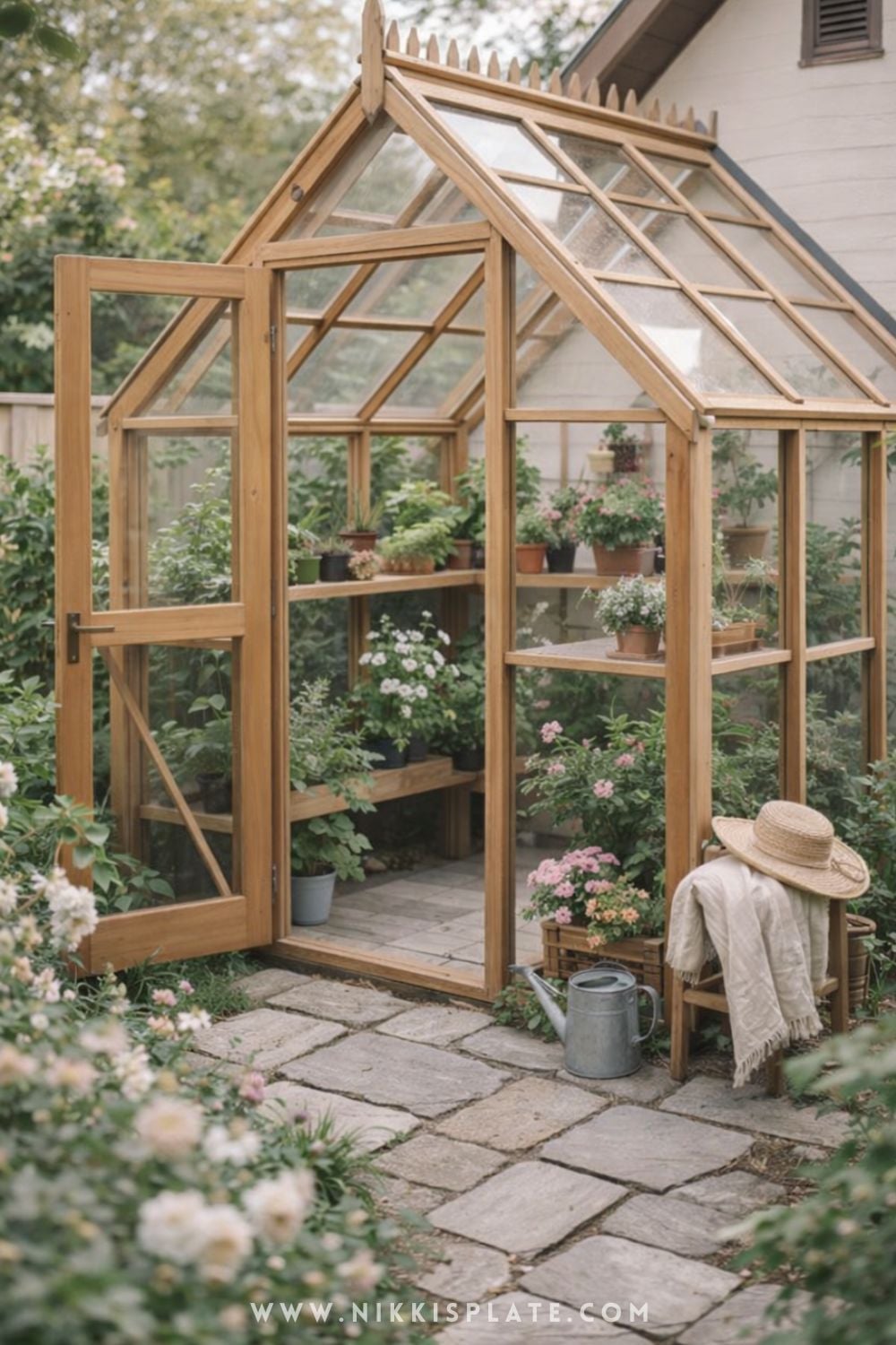 small backyard walk-in greenhouse with wooden frame and plants in a cozy garden setting